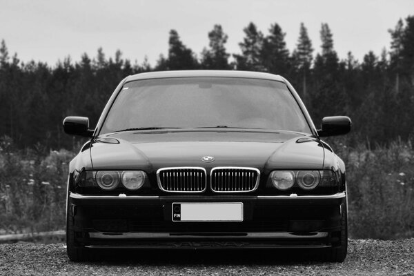 Auto BMW nera su sfondo scuro di alberi
