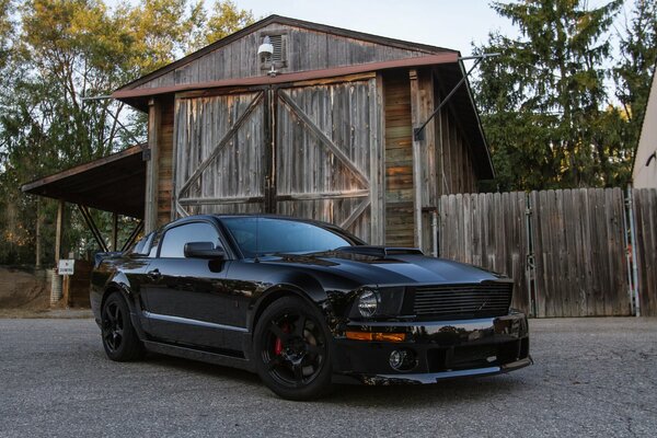 Black Ford Mustang in the countryside