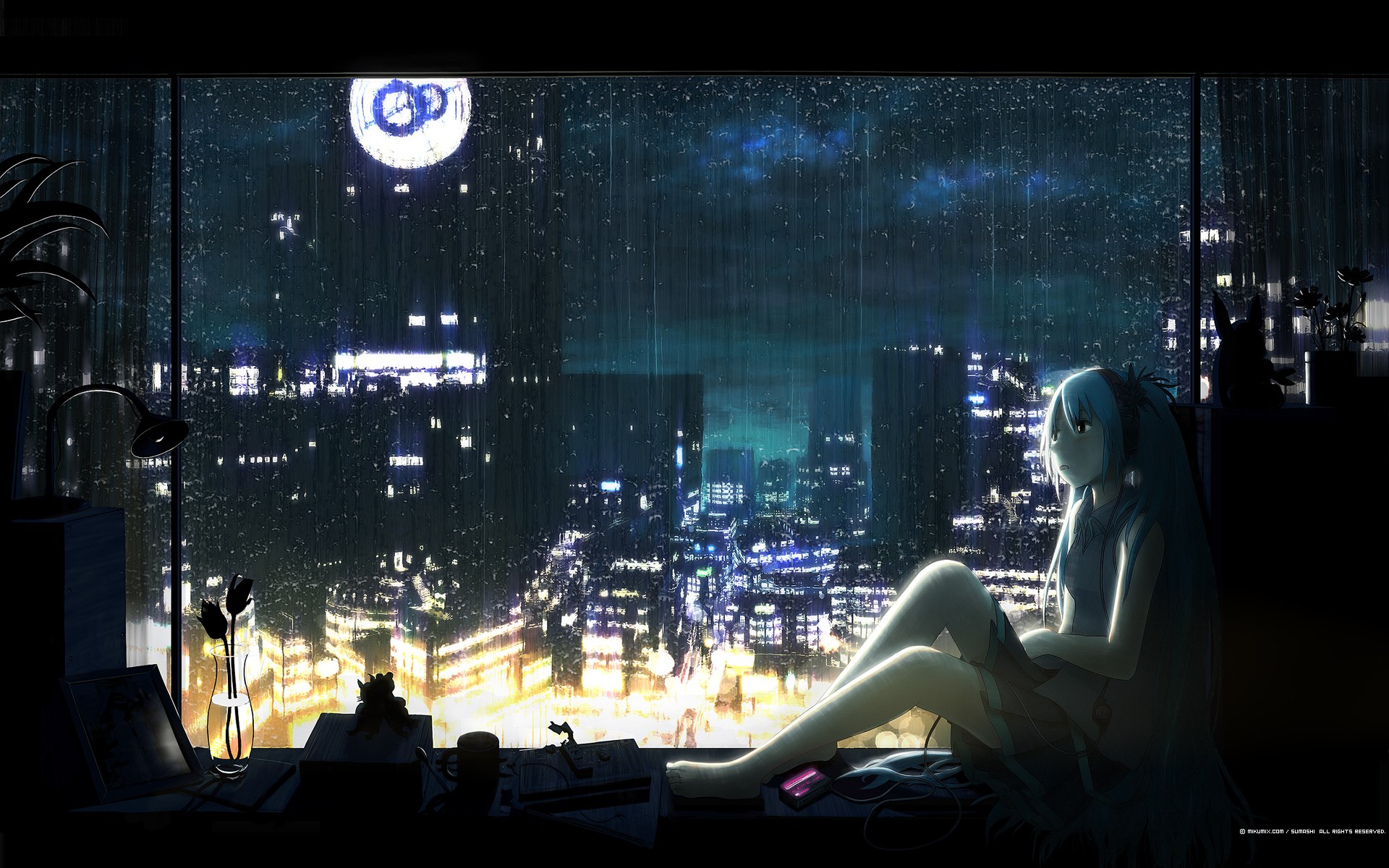 the window sill blue hair flower hatsune miku headphones night rain vocaloid vocaloid car