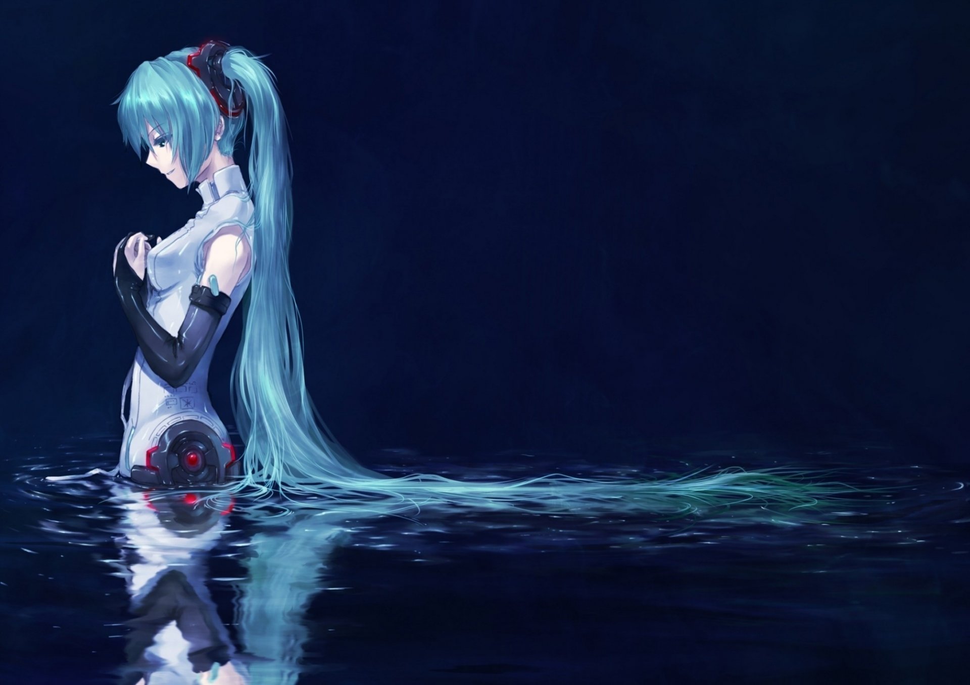 hatsune miku vocaloid water green hair girls eyes profile hair drawings waist