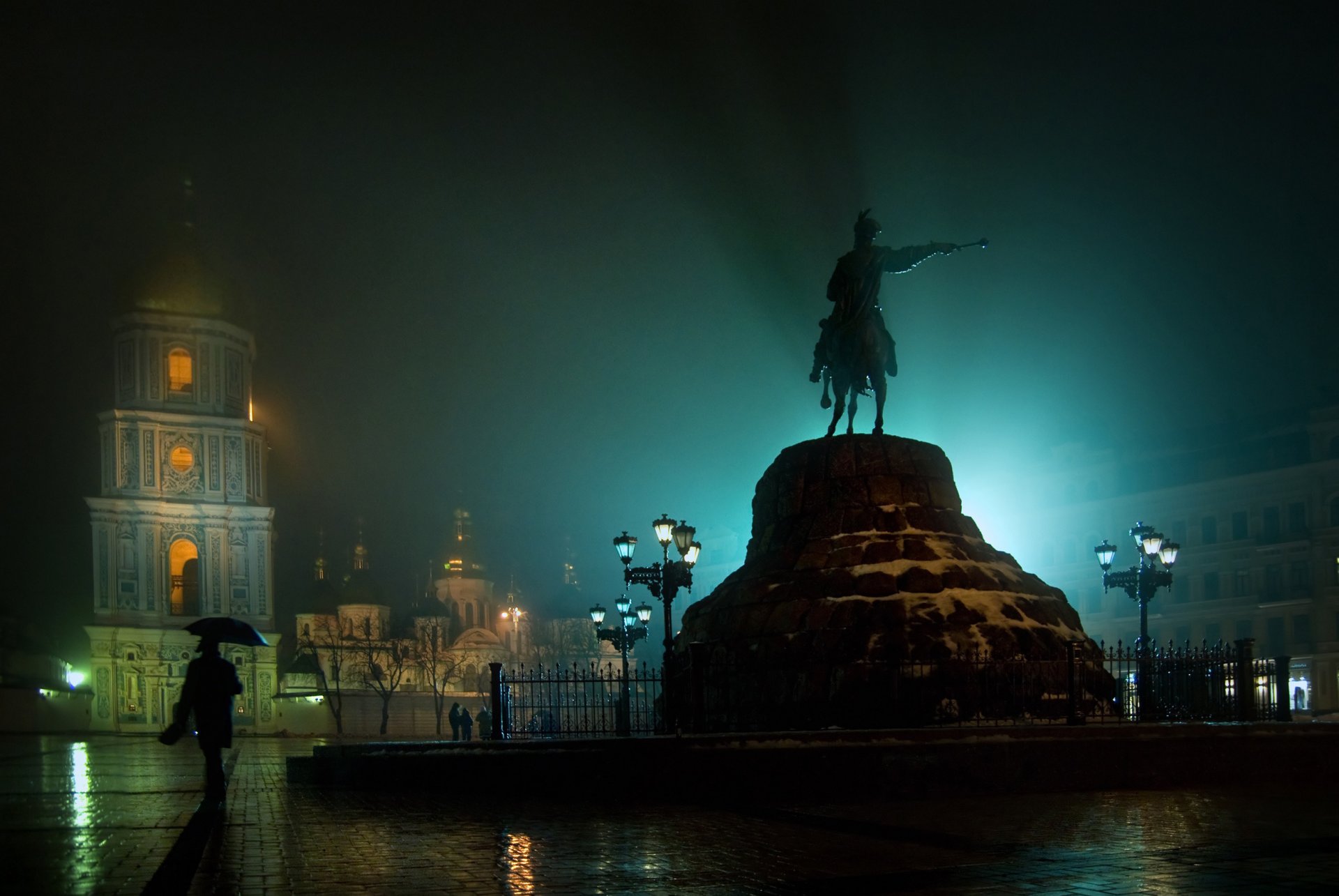 bohdan khmelnytsky sofia the monastery ukraine kiev area monument night the bell tower the lights of the city