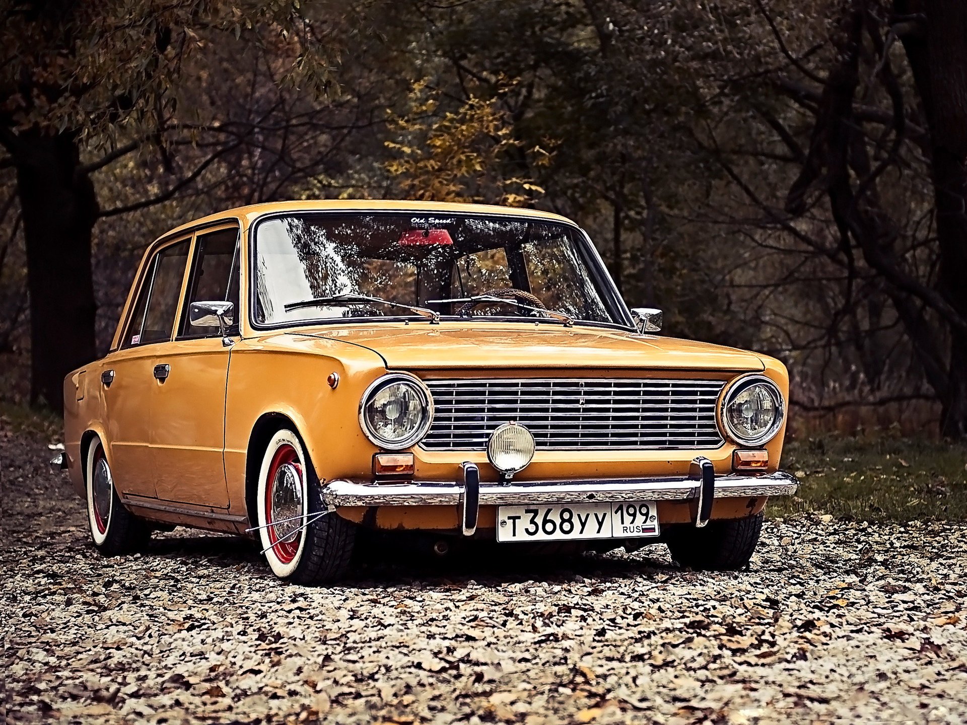 vaz lada 2101 tuning auto wheel road leaves background penny retro autumn foliage domestic car park yellow car machine cars transport vehicle