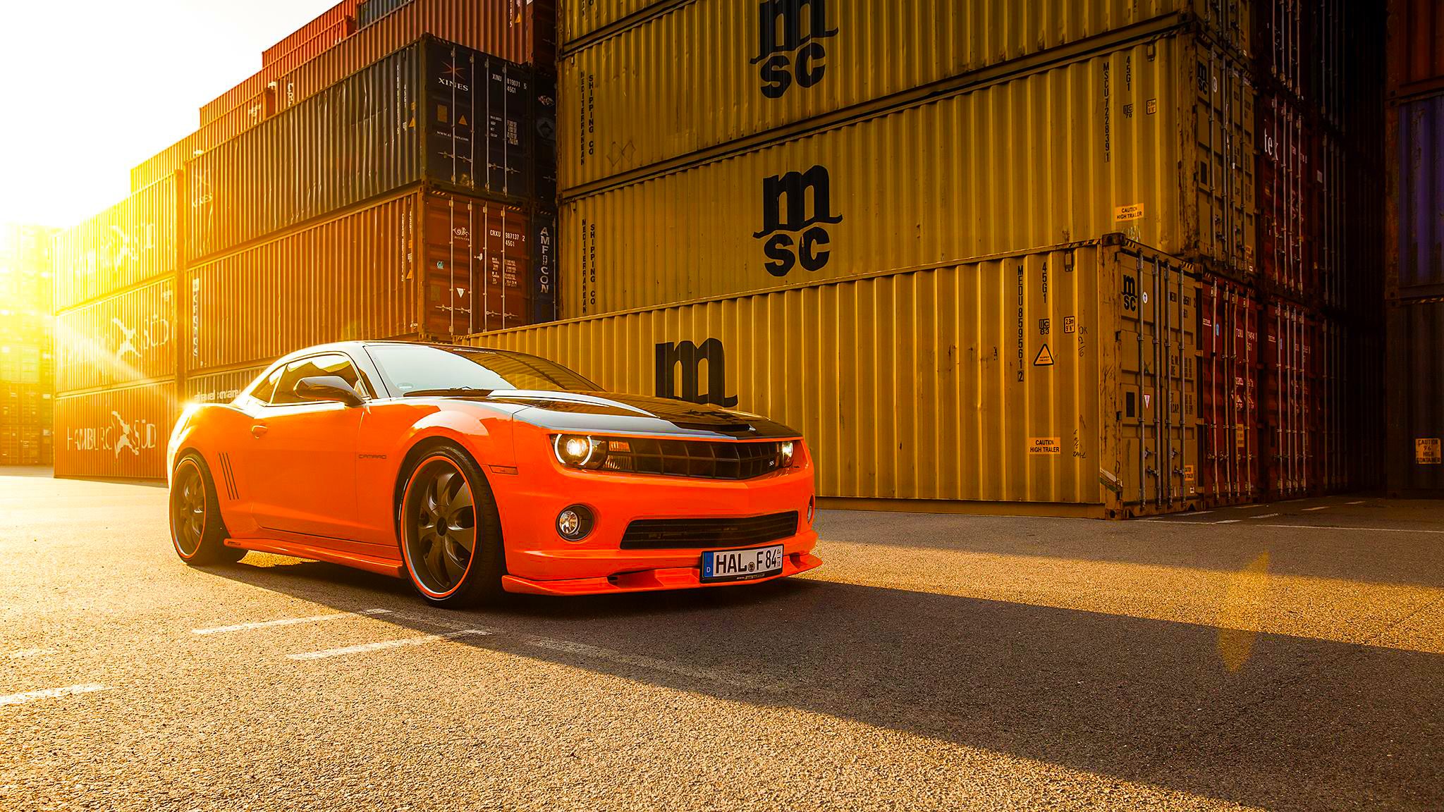 chevrolet camaro ss orange muscle voiture roue tuning soleil largeur avant