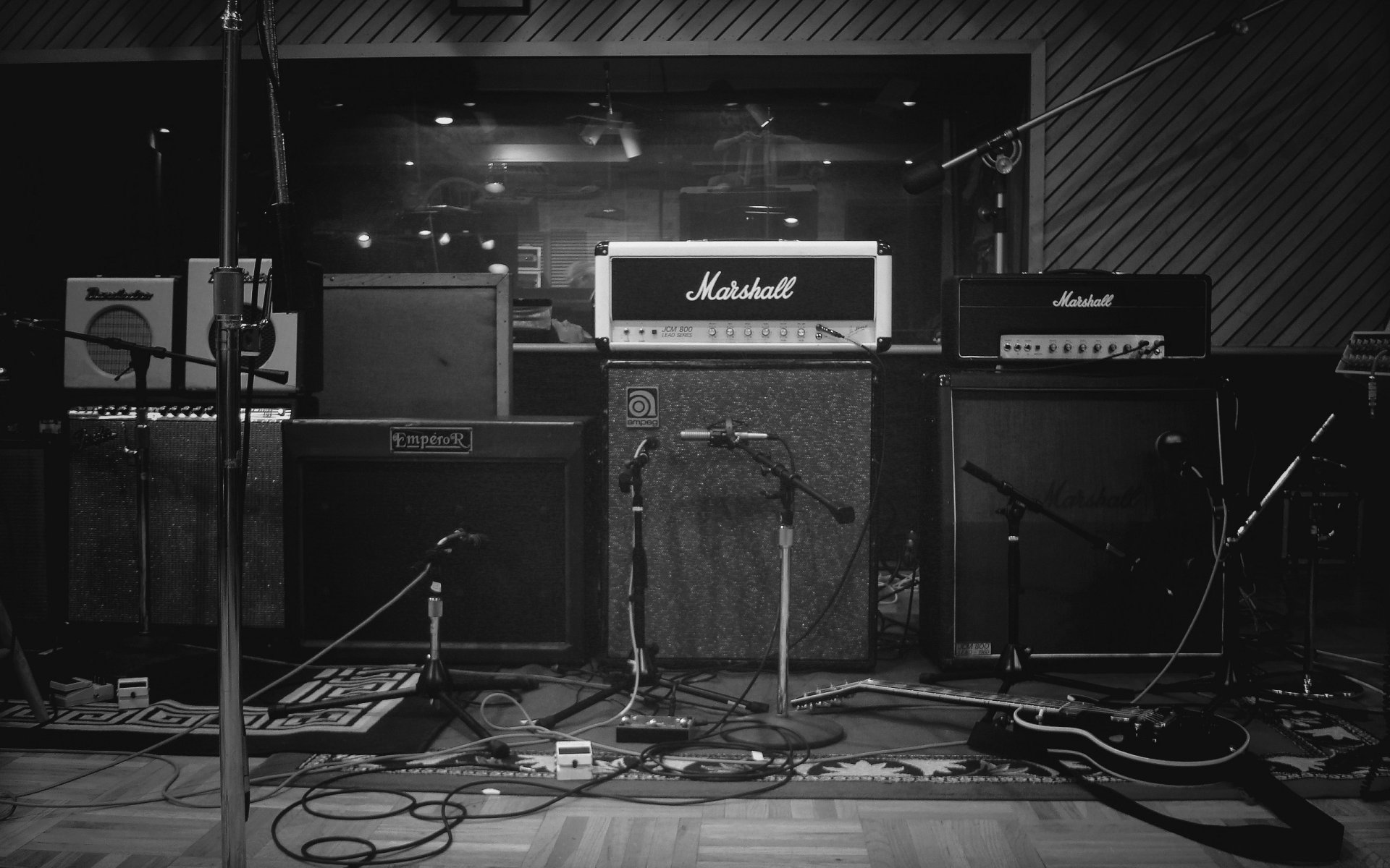 studio musical enregistrement sonore équipement haut-parleurs microphones photo bw papier peint instruments de musique guitare électrique