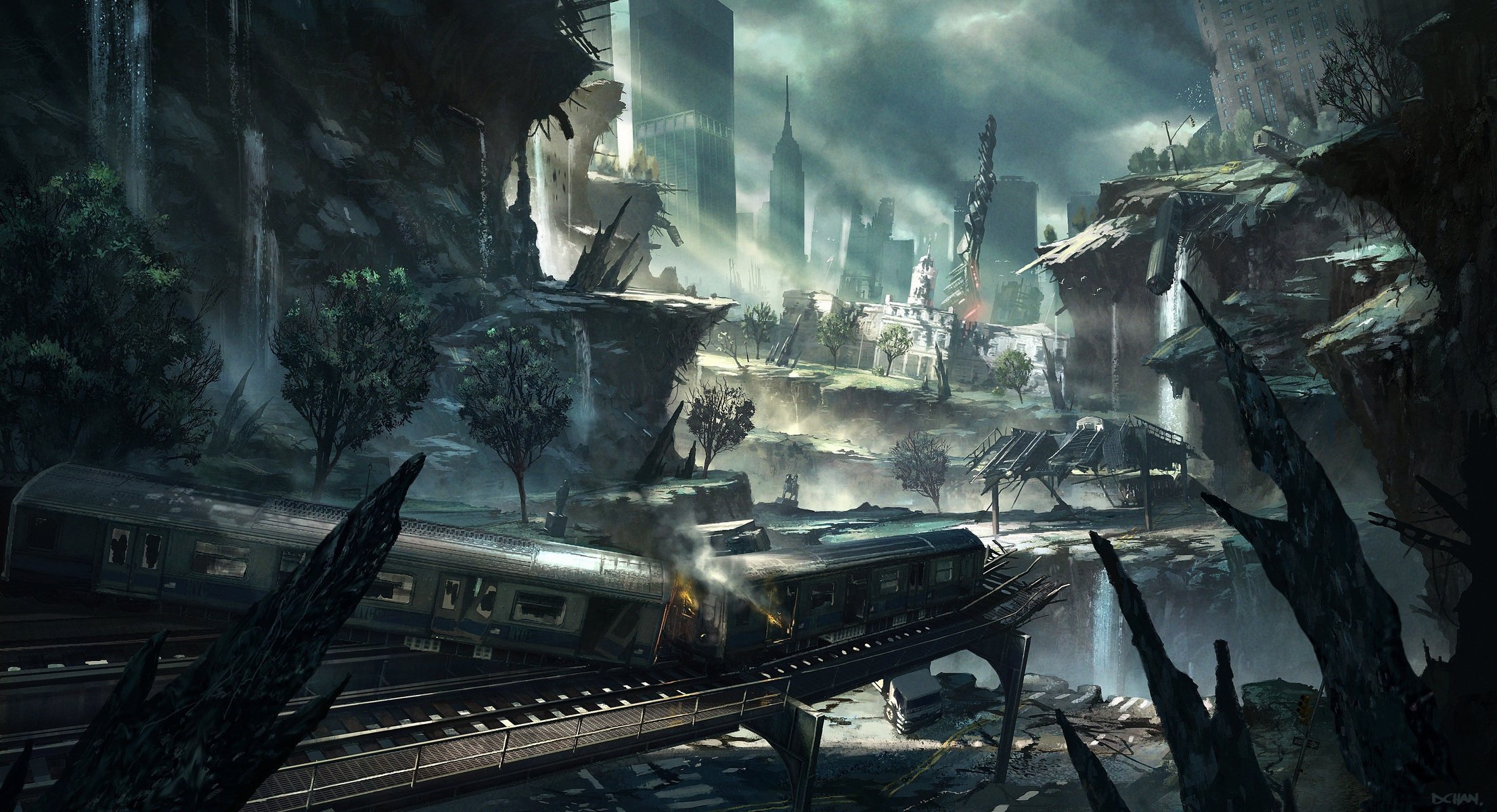 art the crysis 2 train wagons rails ville ruines