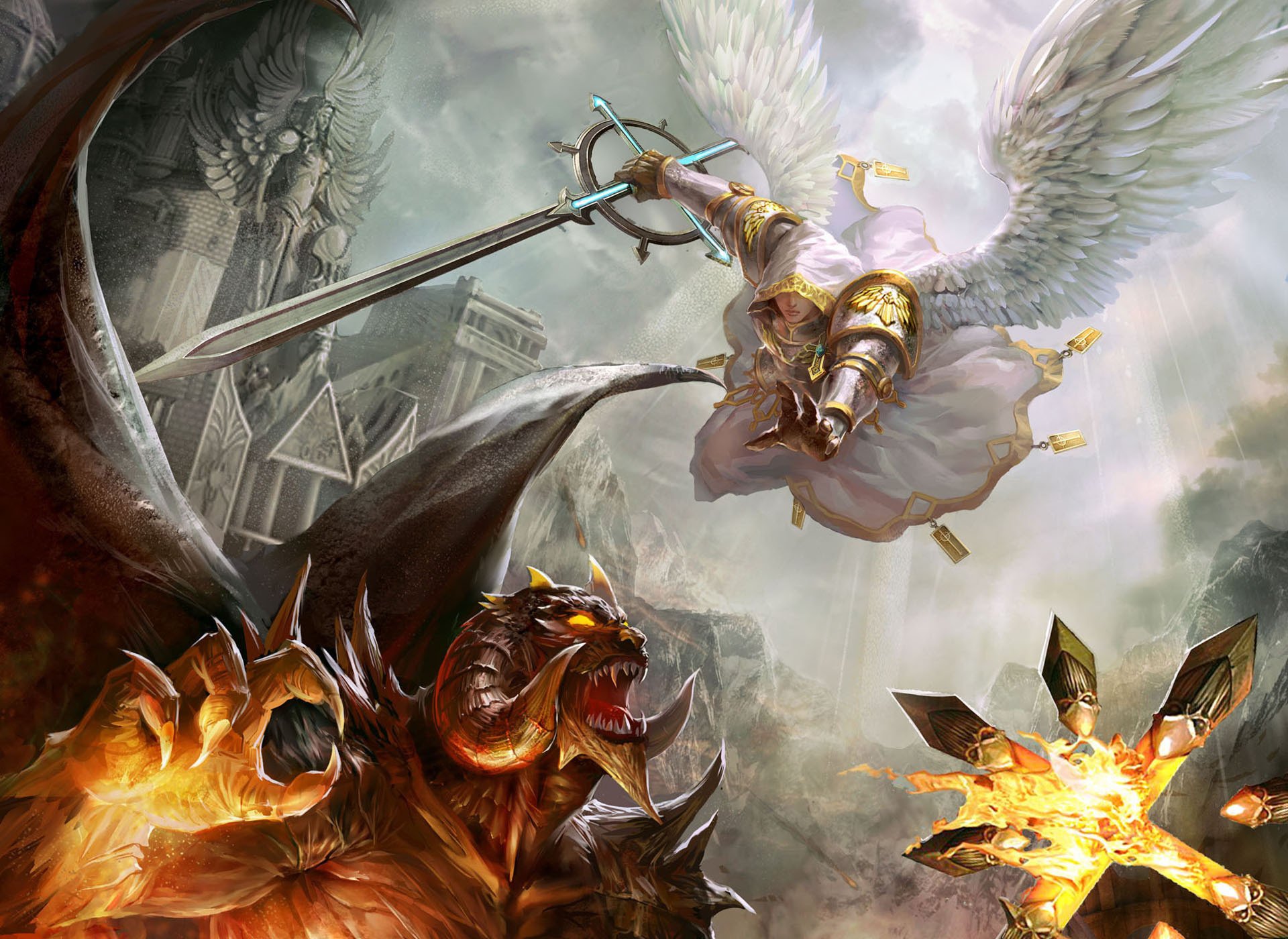 heroes of might&magic heroes of might and magic angel devil sword castle wings dragon drawings anime monsters-a battle-a