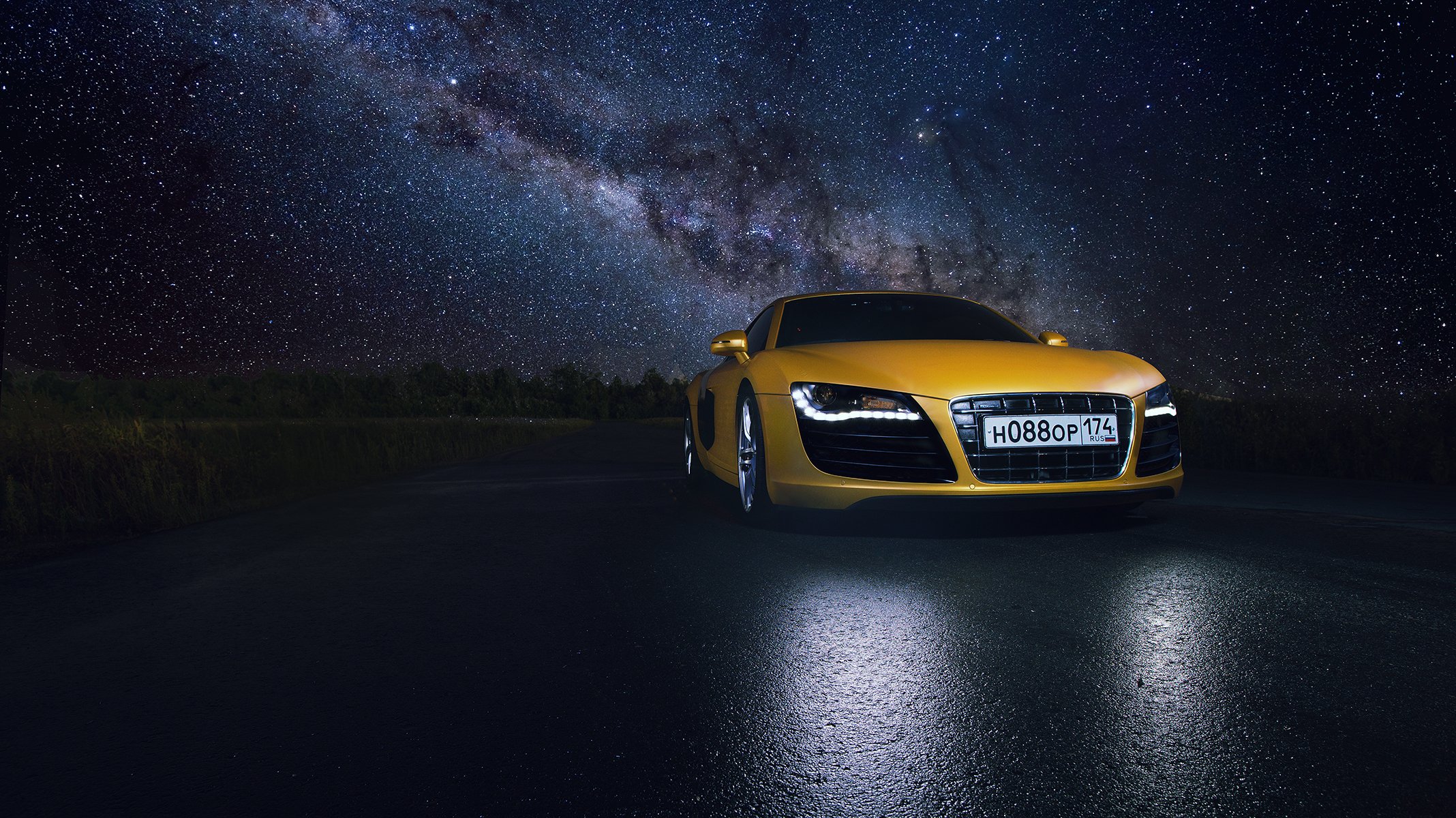 audi r8 yellow supercar night space star road reflection