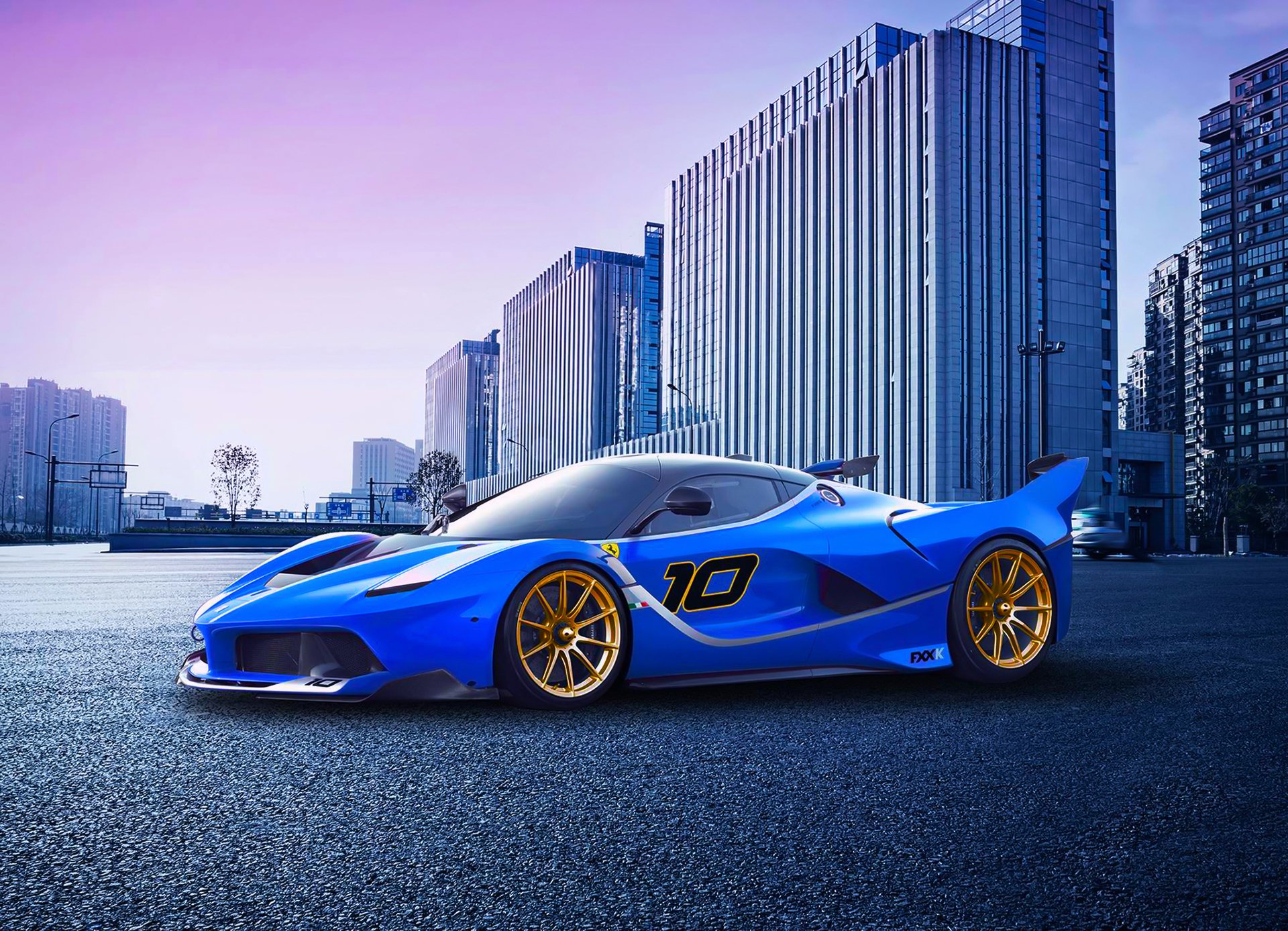 ferrari fxx k carreras superdeportivo azul ciudad puesta de sol púrpura rosa frente