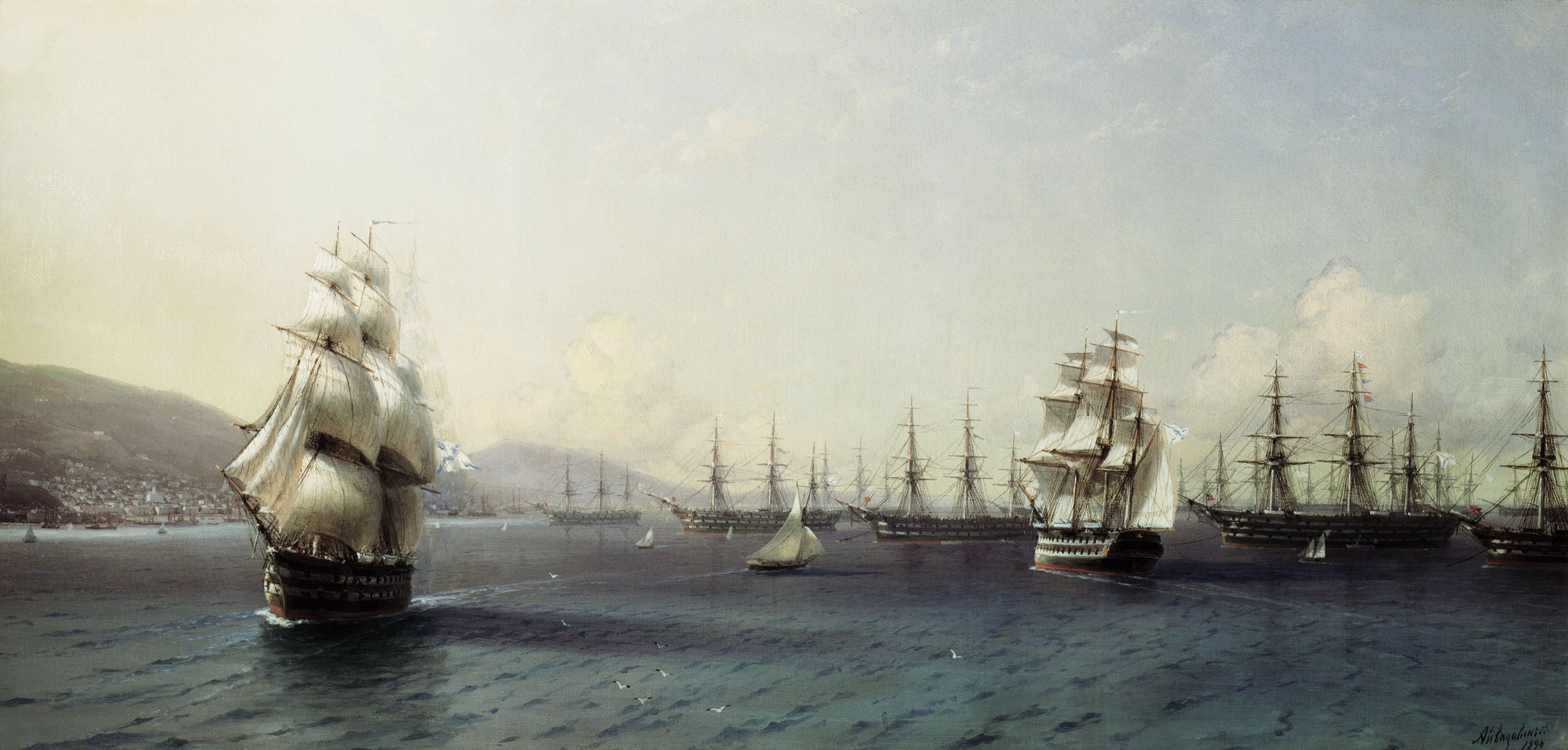 aivazovsky malerei stil meer schiff schiffe möwen vögel himmel wolken liegeplatz wellen segelboote