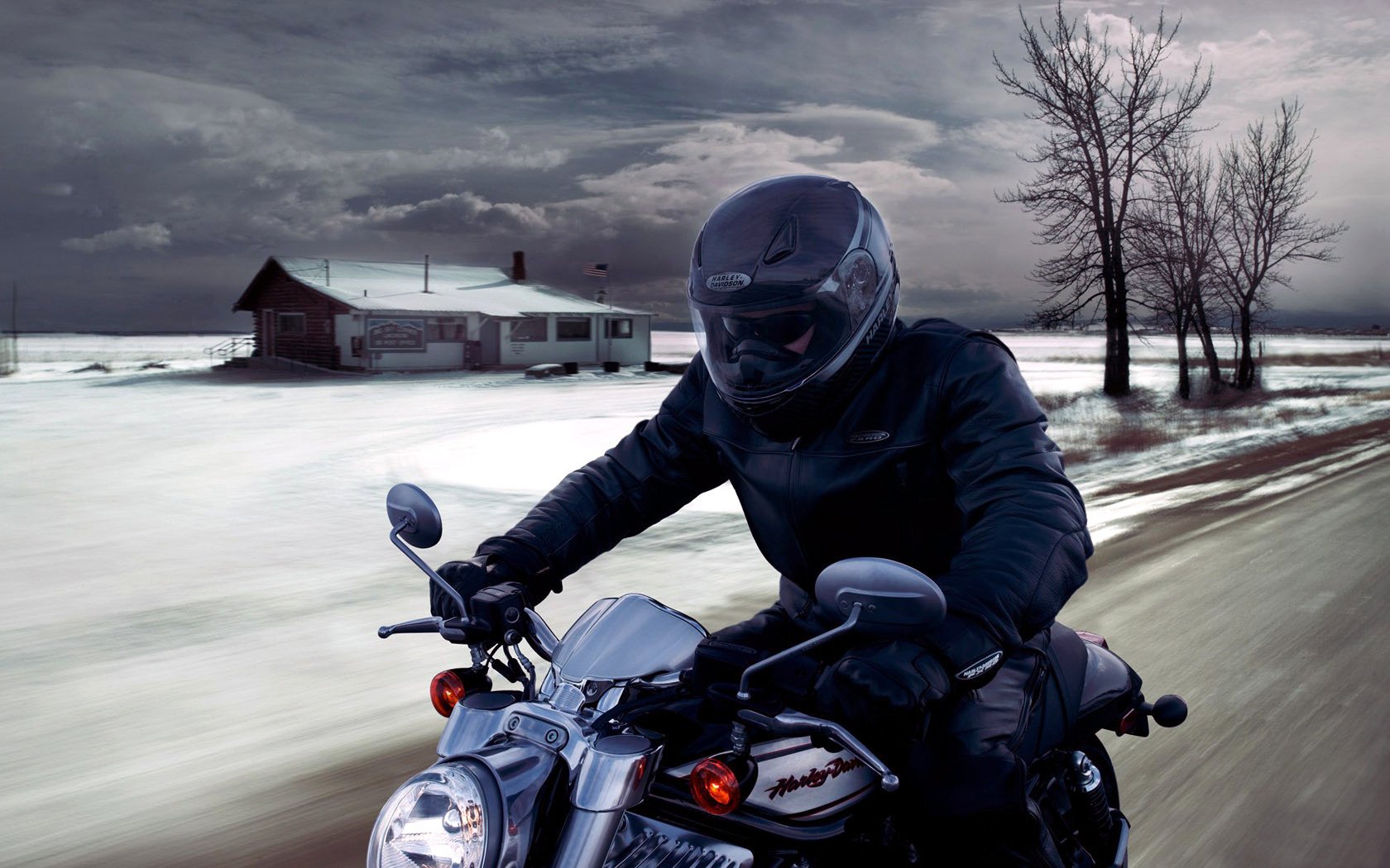 motocicleta motorista velocidad casa cielo camino nieve invierno nubes tráfico árboles