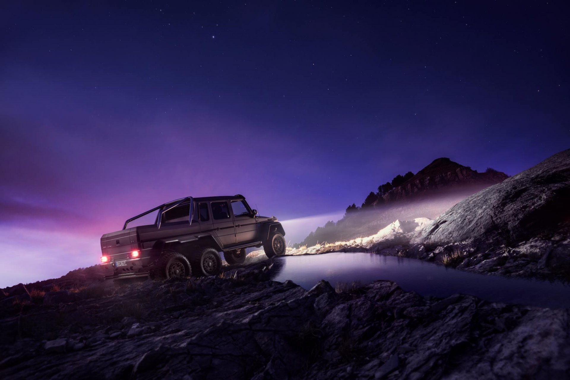 mercedes-benz g63 6x6 amg arrière nigth lumière ciel off-road