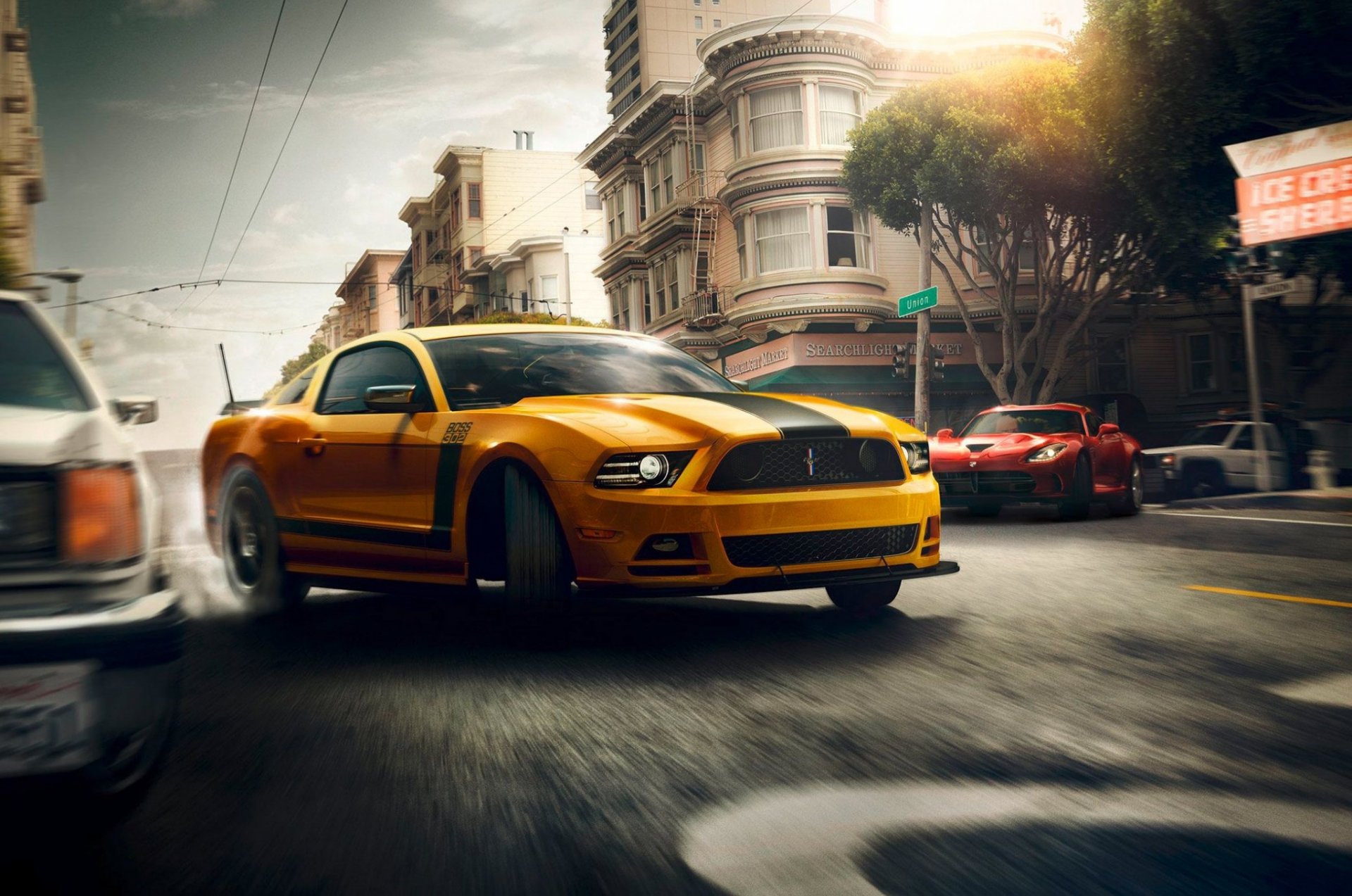 ford mustang boss dodge viper drifting yellow red muscle car street san francisco sun speed front