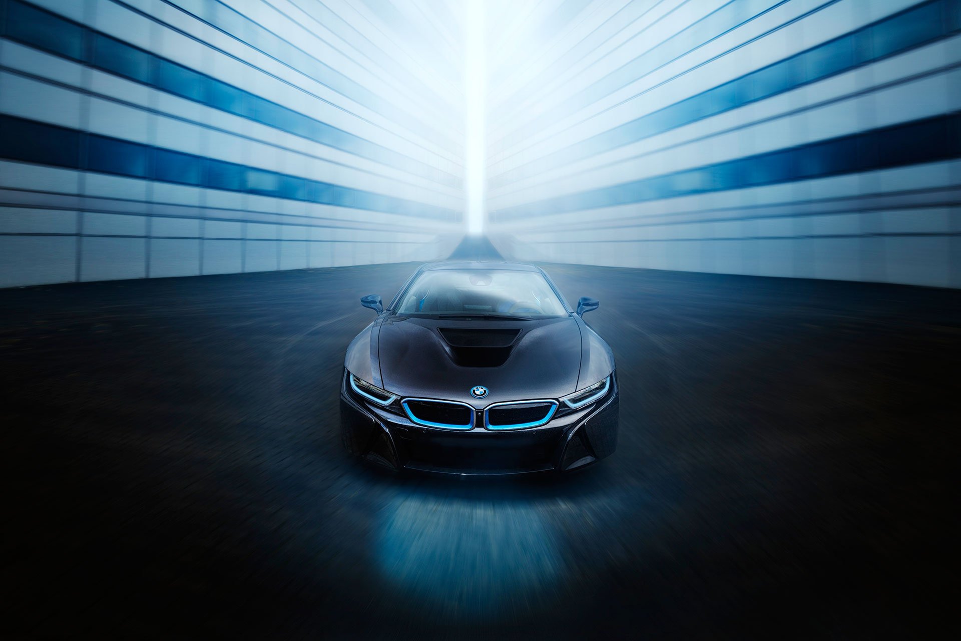 bmw i8 noir avant vue bleu lumière sport voiture