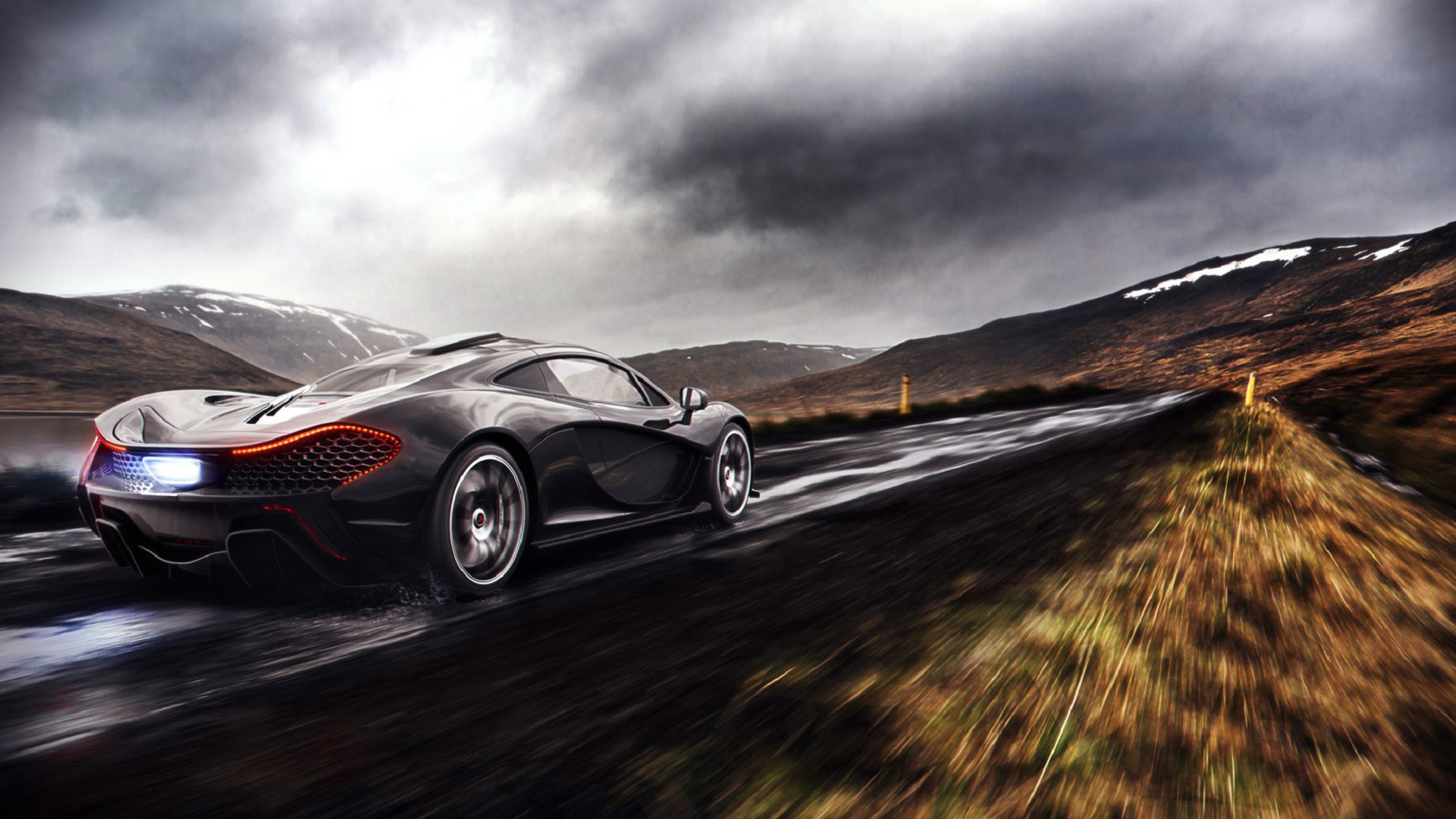 mclaren p1 supercar black rain road clouds fire exhaust rear