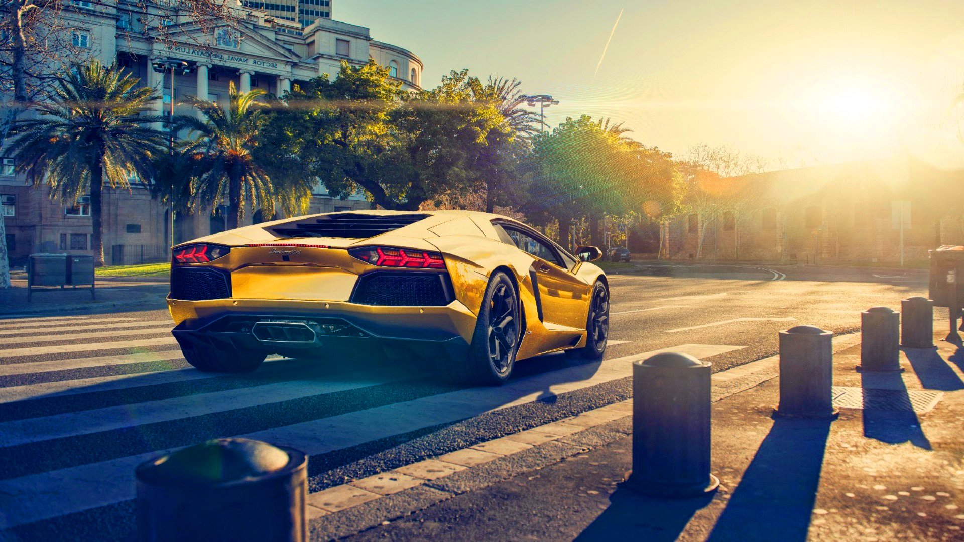 lamborghini aventador lp700-4 gold color sun sunset supercar back