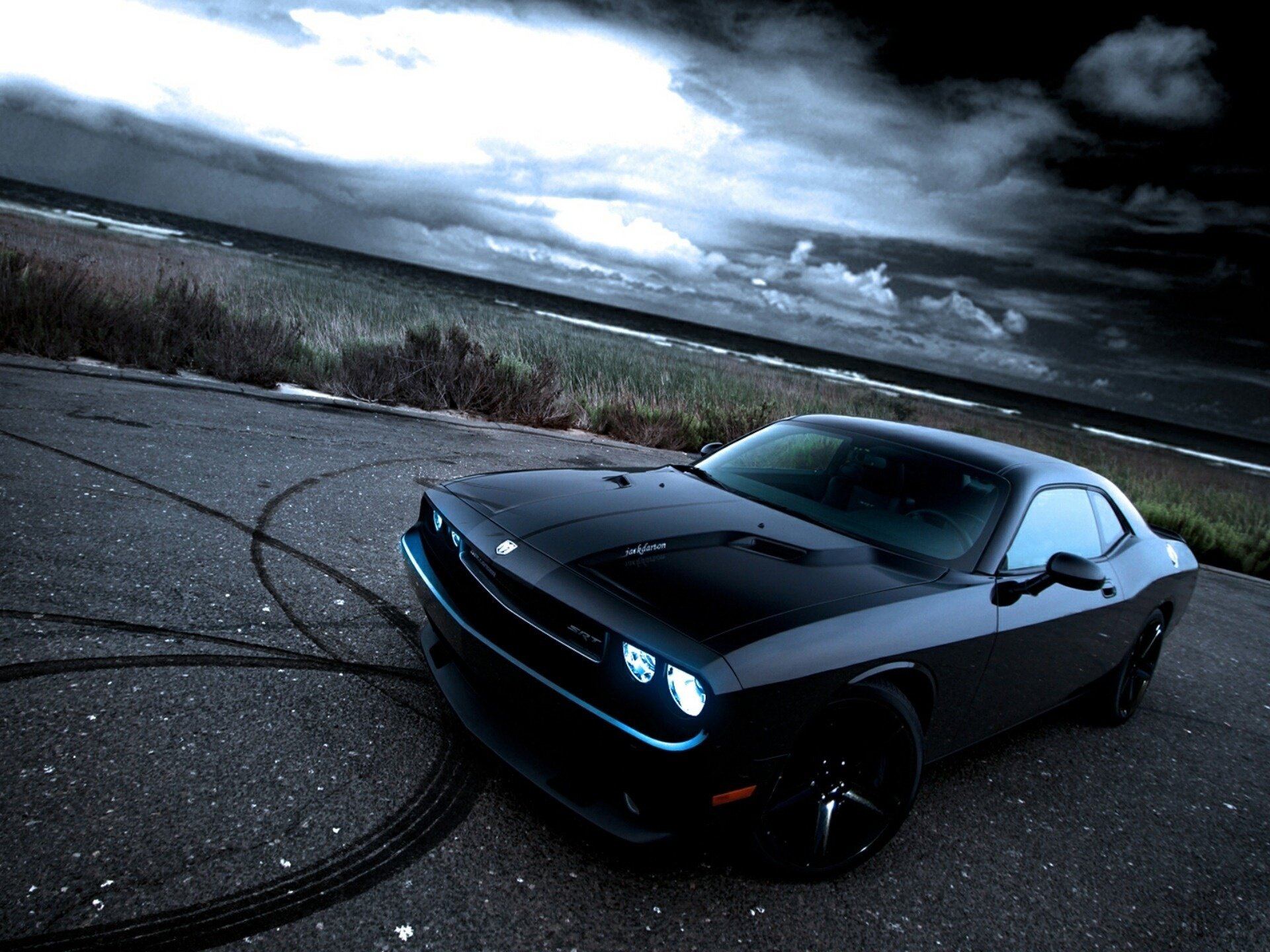 dodge tire tracks challenger black drift style power design headlights road background clouds sky cloudy black car field dodge cool car grass passenger cars transport auto motor transport