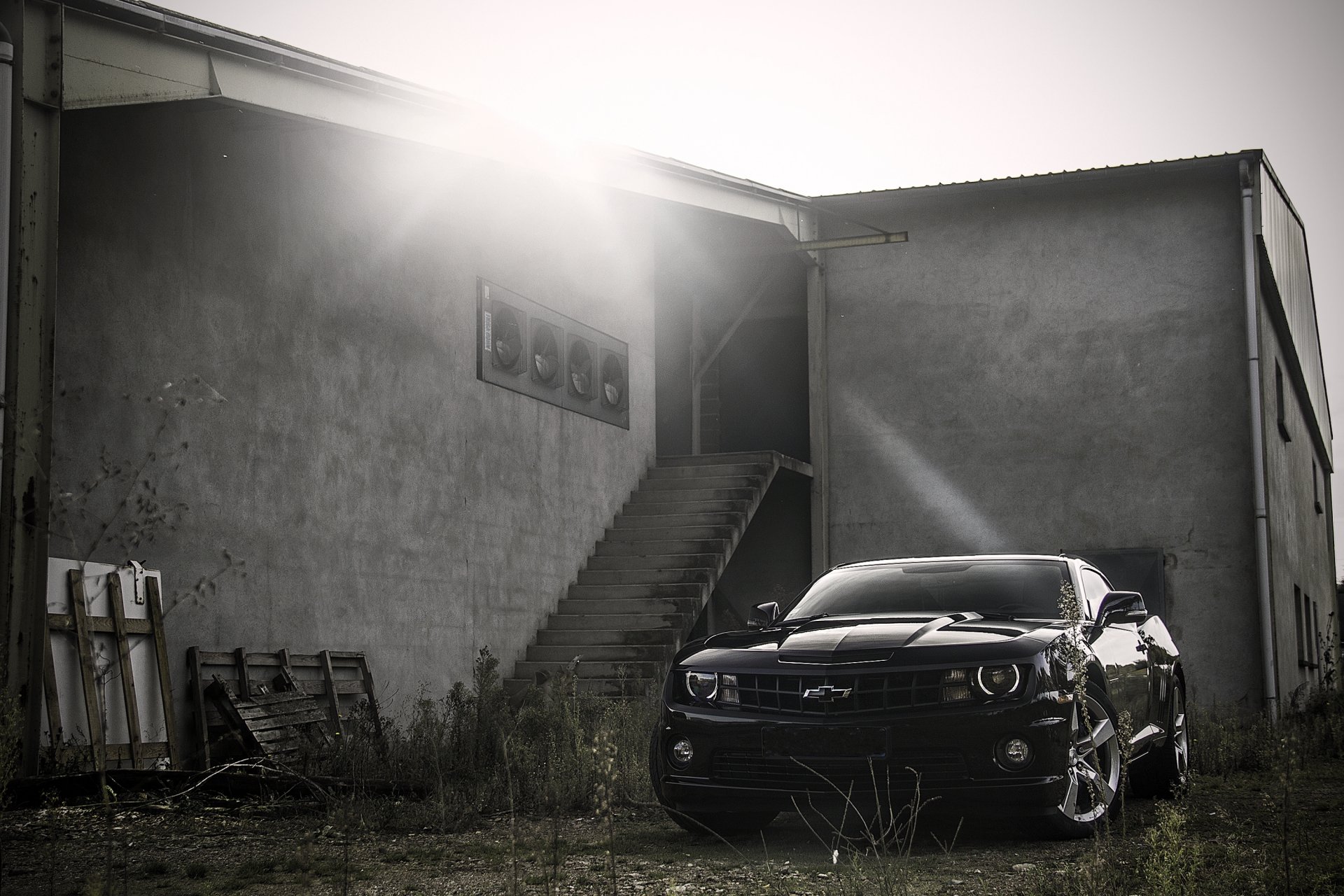 chevrolet camaro noir chevrolet camaro bâtiment marches éblouissement