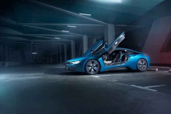 Blue BMW ai eight with open doors