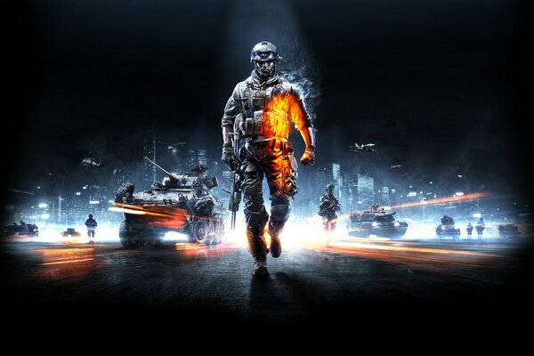 Photo wallpaper battlefield, walking soldier