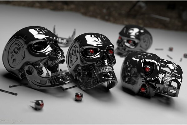 Four decorative skulls based on the Terminator