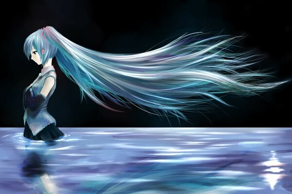 Hatsune Miku es una chica con el pelo largo azul en la noche en el lago