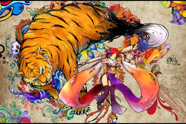 Drawing of a girl and a huge tiger