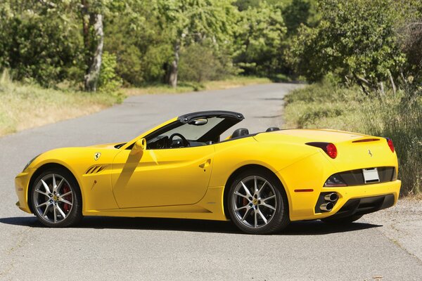 Coche ferrari amarillo en el fondo del paisaje