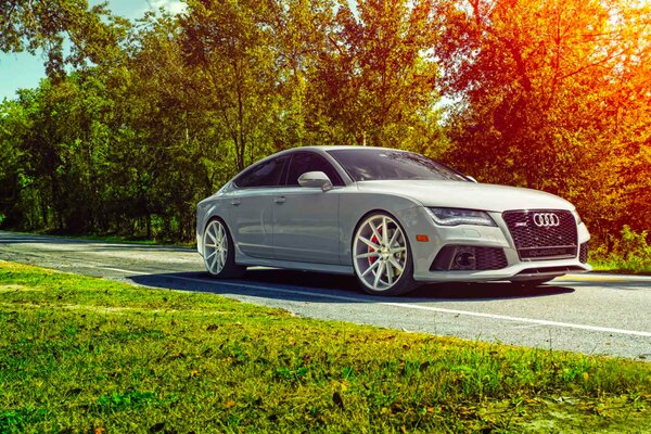 Audi rs7 in the rays of sunlight and green grass