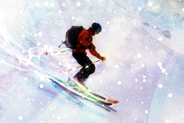 Neon skier descends from the mountain