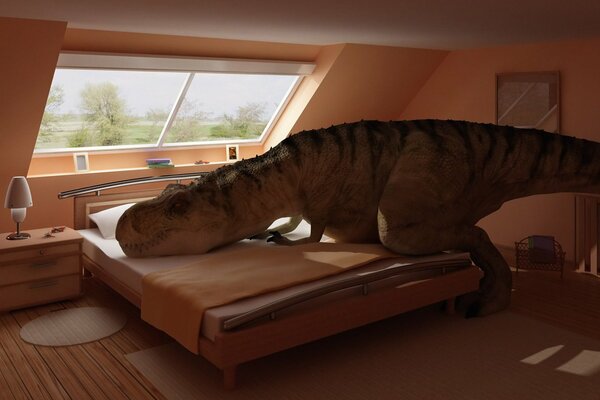 Dinosaurier ruht sich im Schlafzimmer auf dem Bett aus