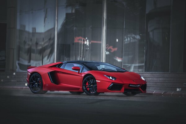 Black lamborghini car on the background of glass showcases