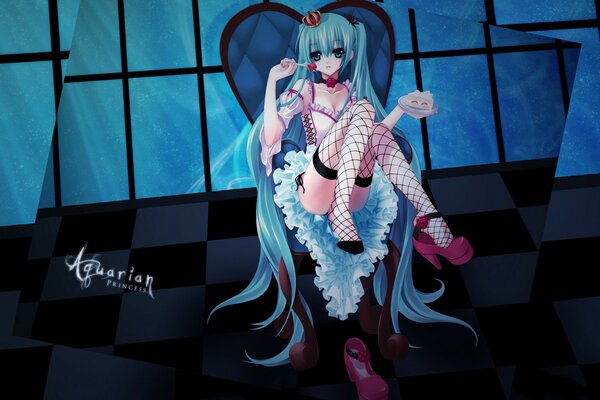 Vocaloid of Miku sitting on a chair. beautifully