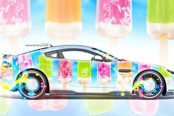 A car in the coloring of multi-colored ice cream