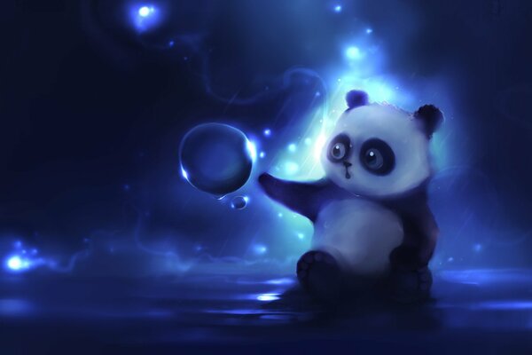 Ein trauriger Panda in den Strahlen des kosmischen Lichts