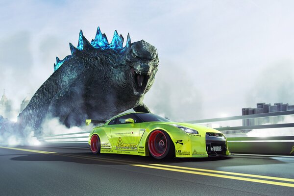 Souris de vitesse sur fond de Godzilla. Godzilla et la machine