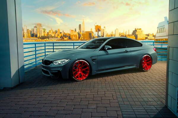 A car with beautiful red wheels