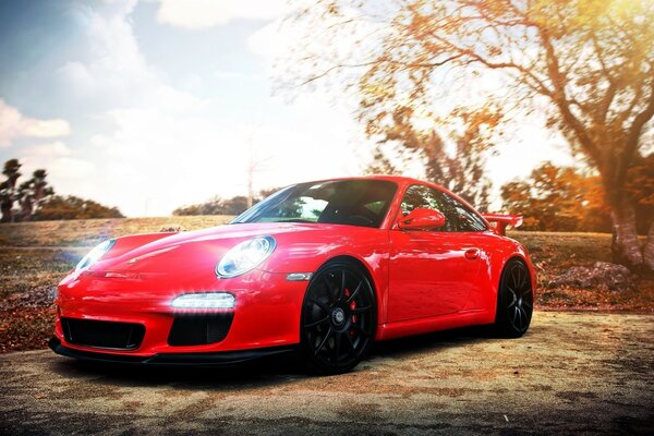 Czerwony samochód Porsche na łonie natury