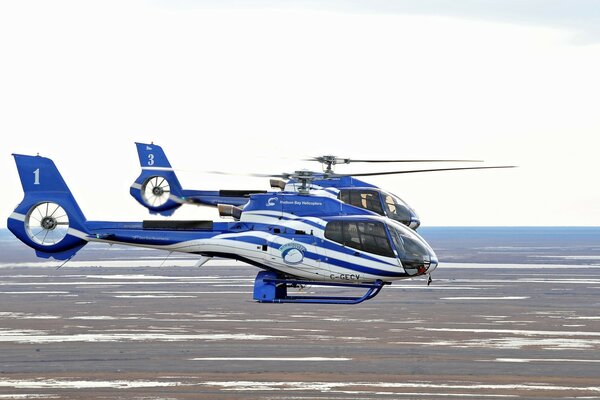 Blaue Hubschrauber fliegen über ein Ödland in Amerika