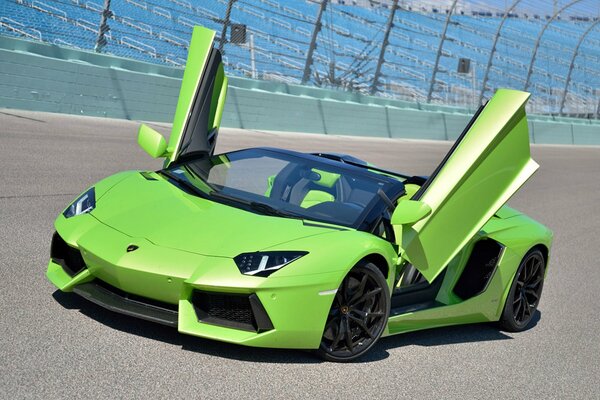 Lamborghini aventador verde con puertas abiertas