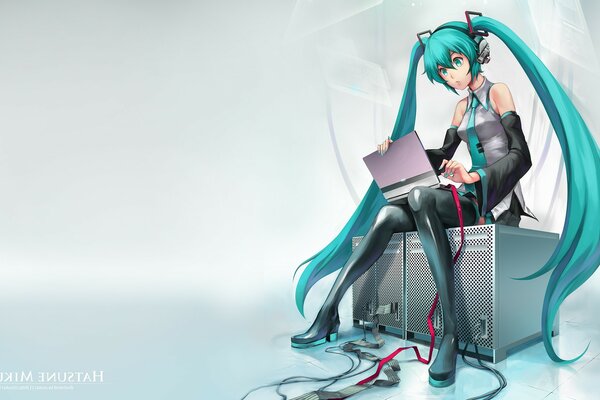 Anime-Mädchen mit grünen Haaren und Laptop