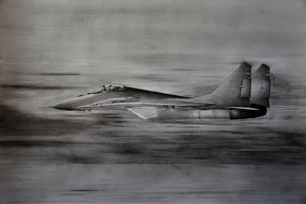 Rysunek latającego z prędkością myśliwca MiG-29