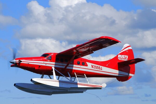 Das rote Flugzeug fliegt in den Himmel über dem Ozean