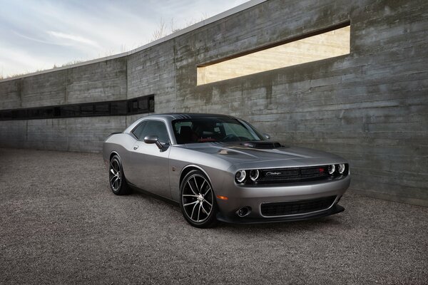 Gray car on the background of a concrete wall