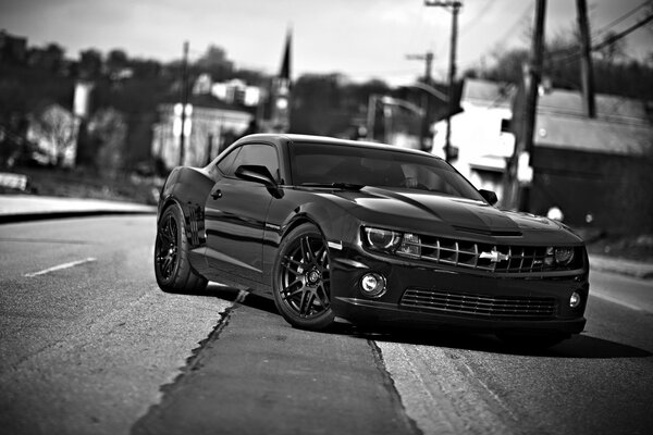 Black and white photo of a Chevrolet Camaro