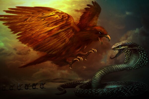 Eagle and snake fight in the desert