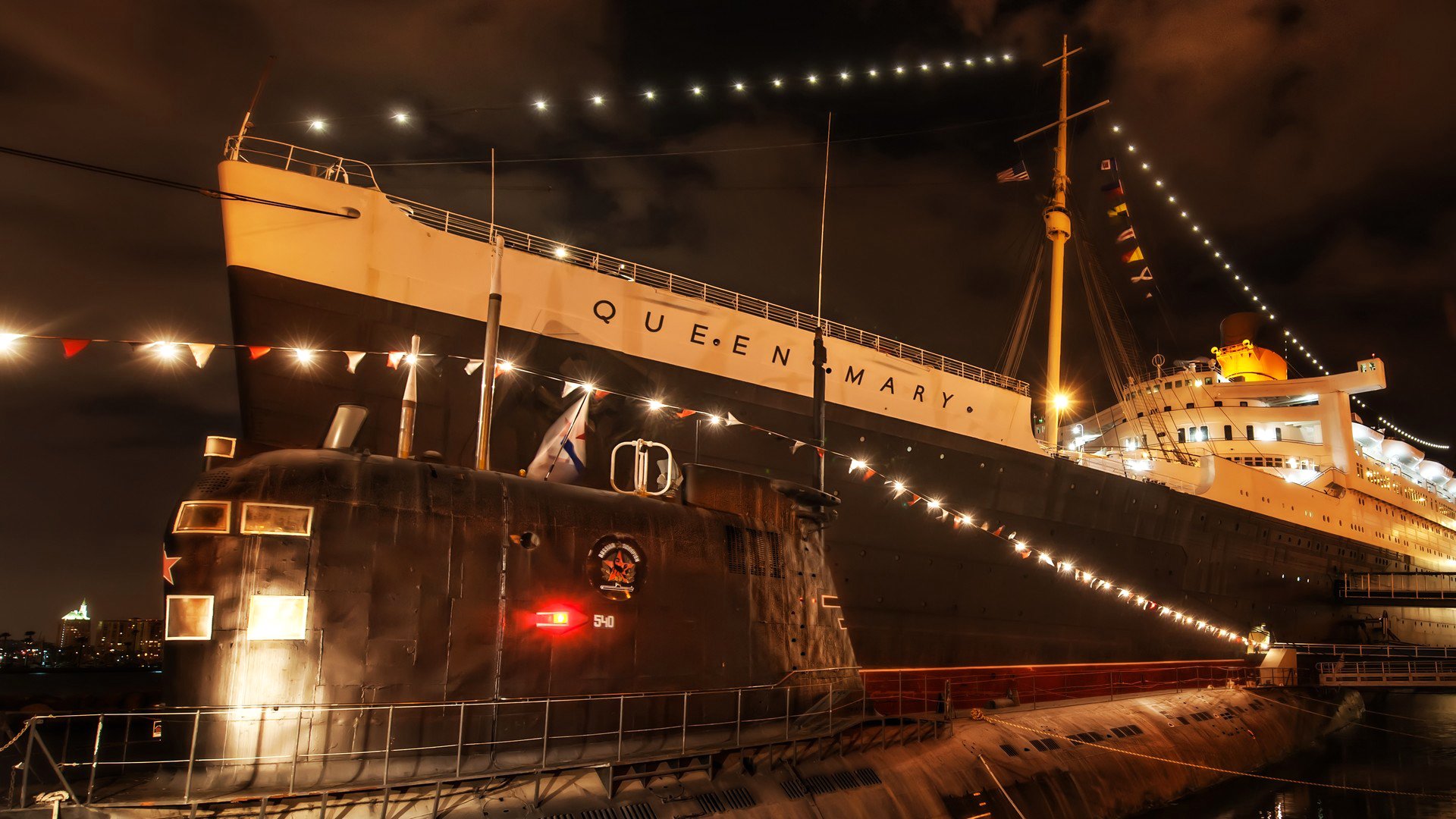 orange county california usa night lights pier liner ship queen mary submarine submarine