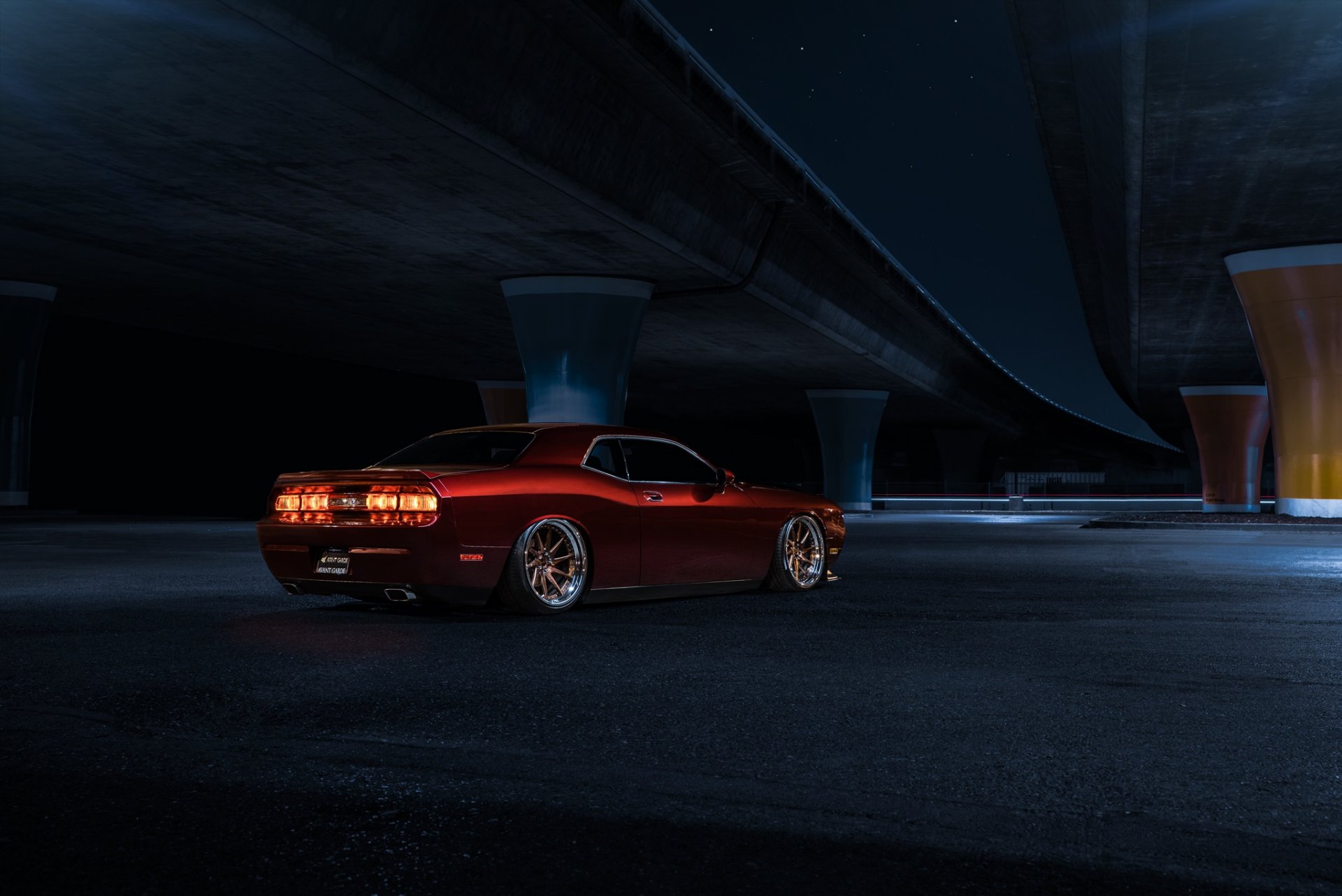 dodge challenger avant garde wheels american muscle car candy red rear