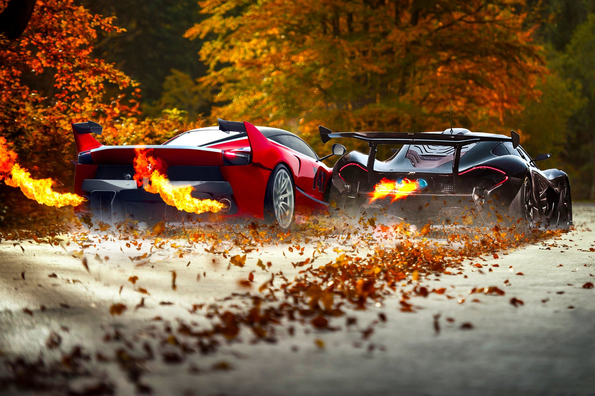 ferrari fxx k mclaren p1 supercars red black foliage exhaust fire