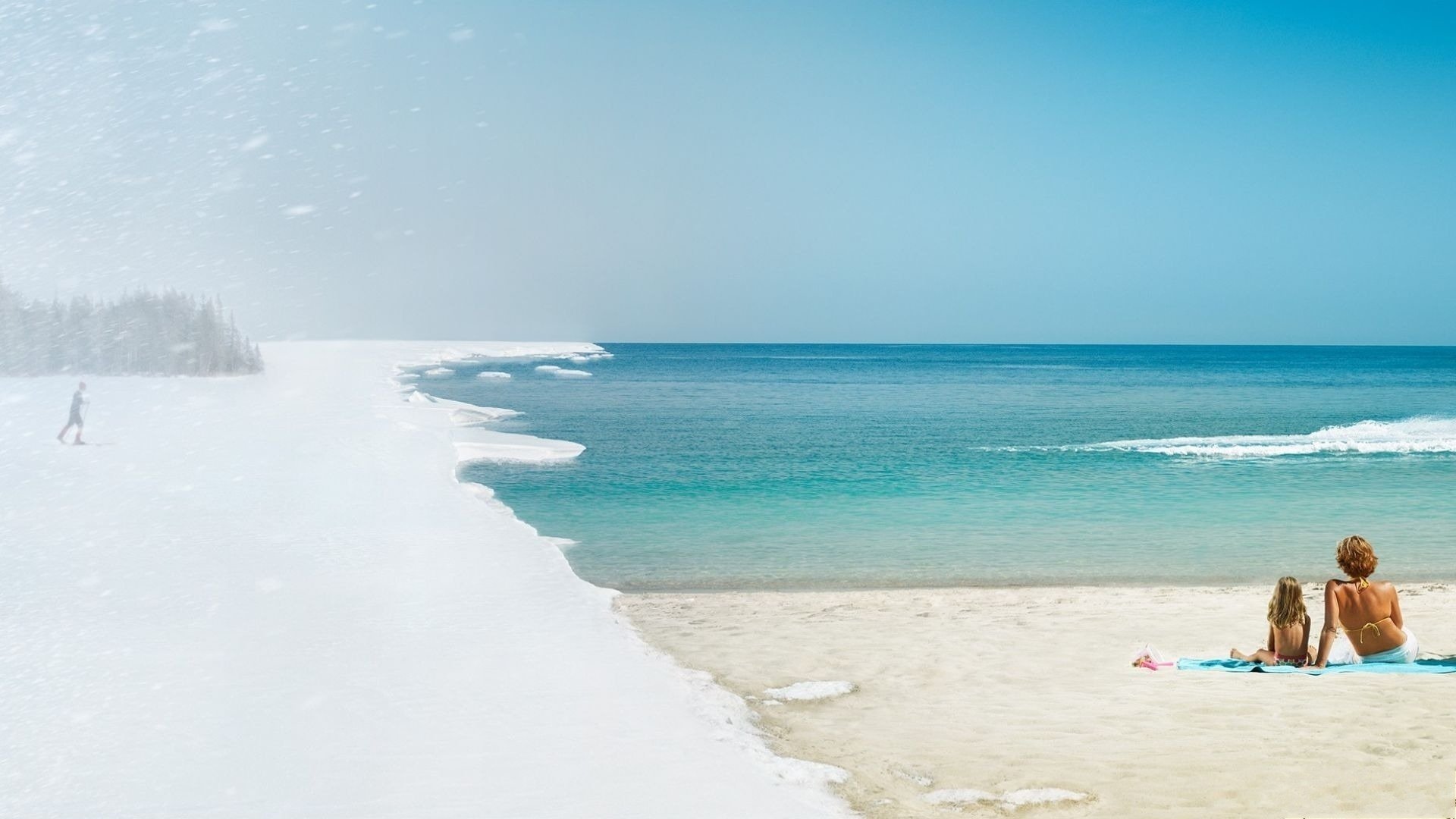 océano verano turistas frío invierno esquiador arena calor nieve mar horizonte gente vacaciones playa costa ficción