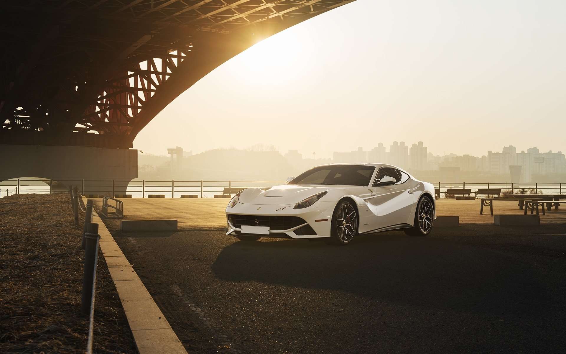 ferrari f12 berlinetta white supercar sun bridge city front